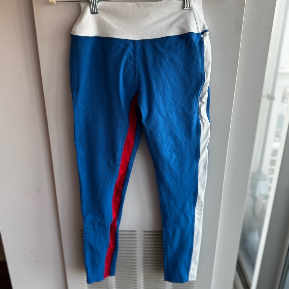 Blue High-Waist Colorblock Leggings with White & Red Trim